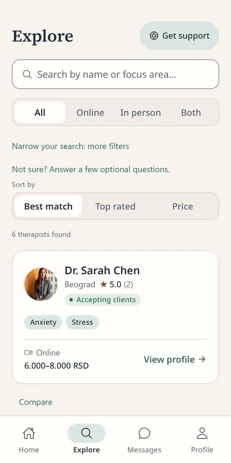 Uvid mobile app for clients: therapist search, approaches, meeting formats, and prices.