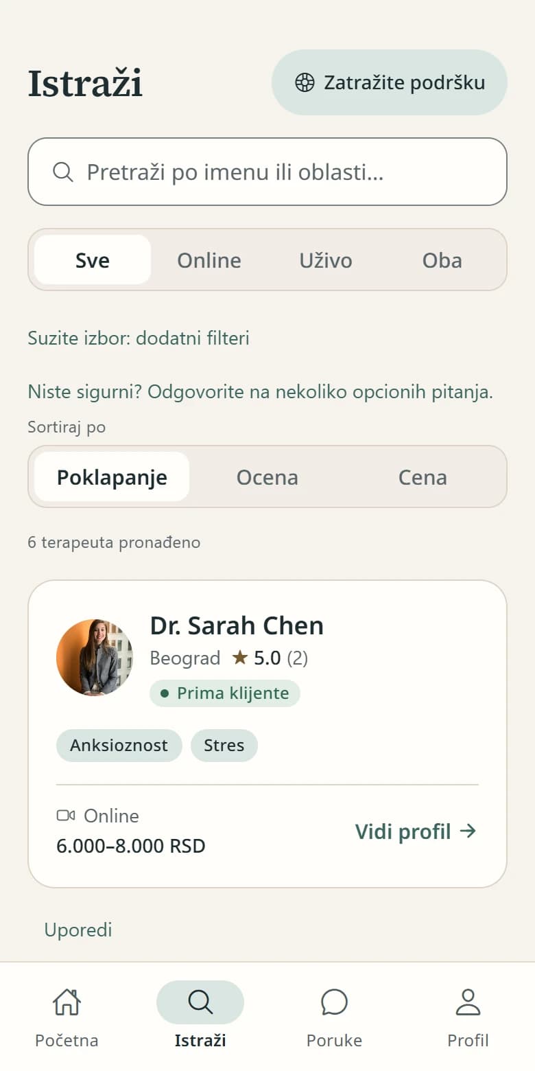 Uvid mobilna aplikacija za klijente: pretraga terapeuta, pristupi, format i cene.