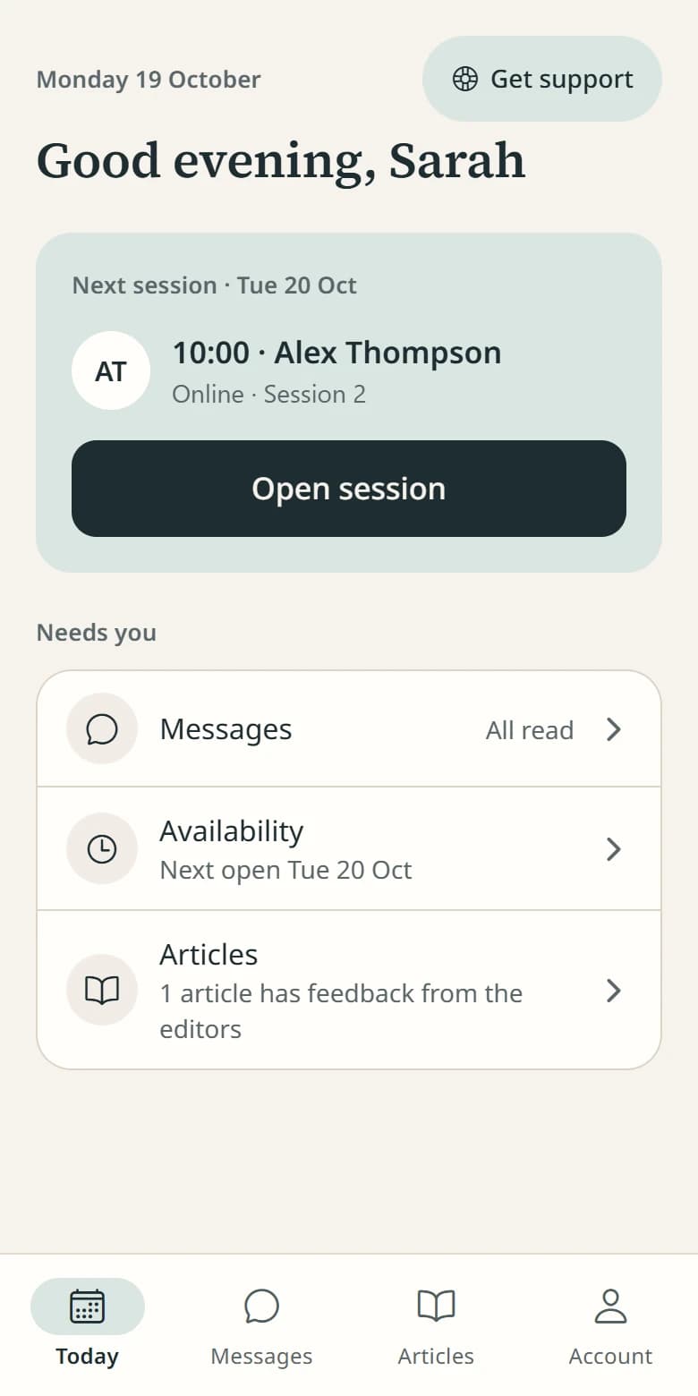 Uvid mobile app for therapists: next session, messages, and availability.