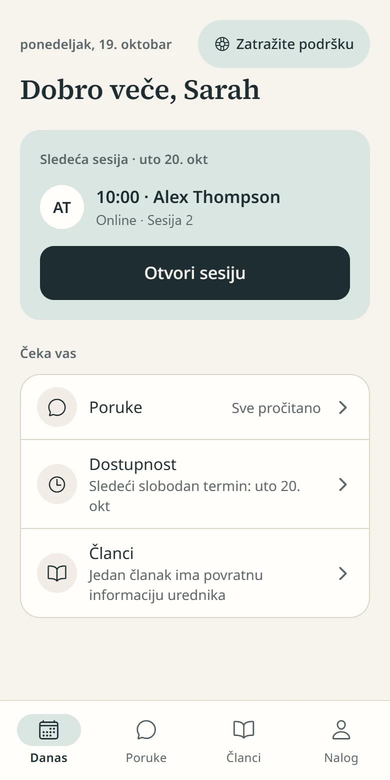 Uvid mobilna aplikacija za terapeute: sledeća seansa, poruke i dostupnost.