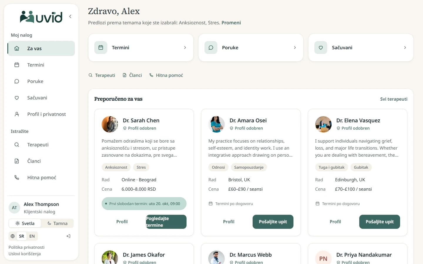 Uvid web aplikacija za klijente: preporučeni terapeuti, poruke i termini.