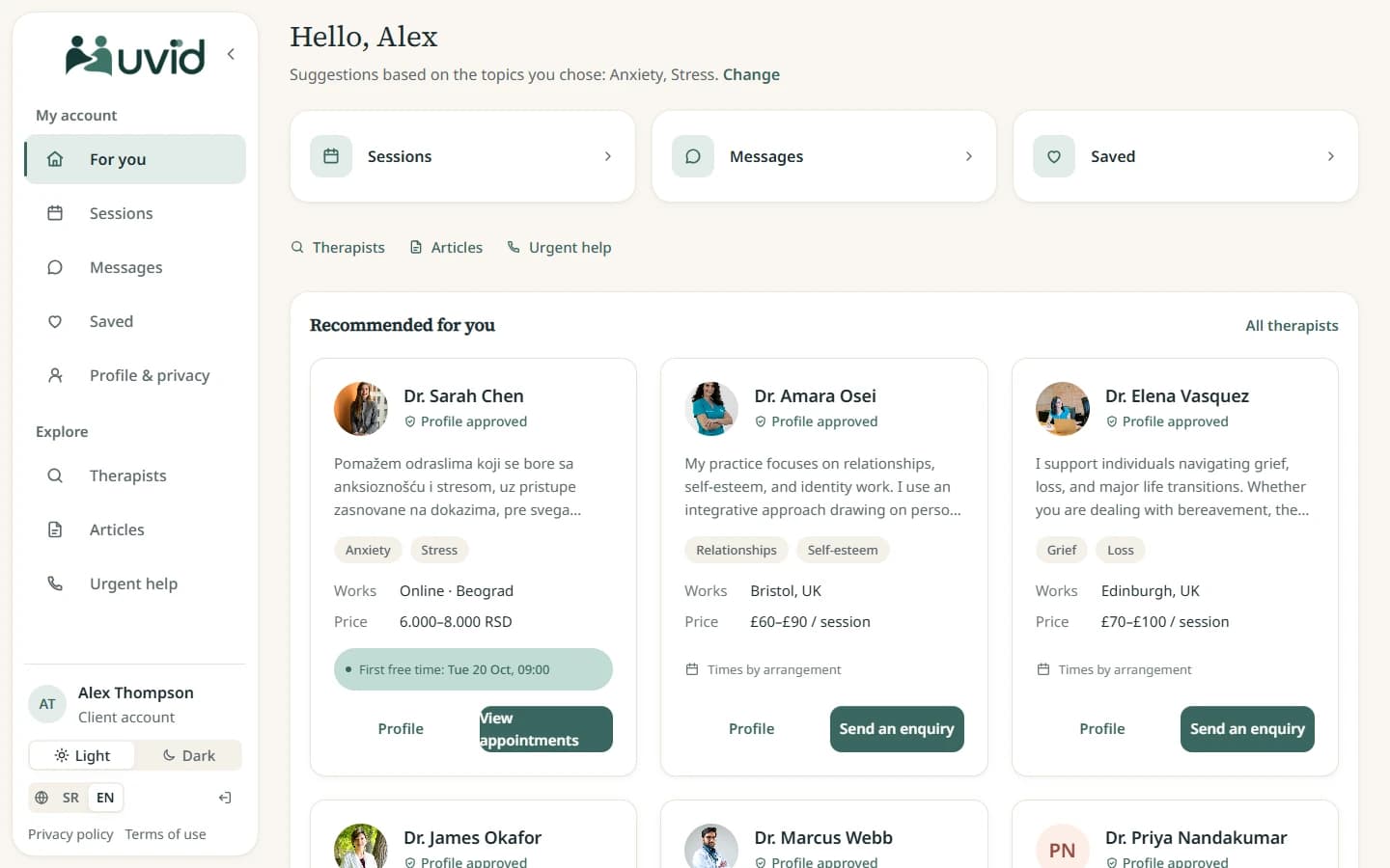 Uvid web app for clients: suggested therapists, messages, and appointments.