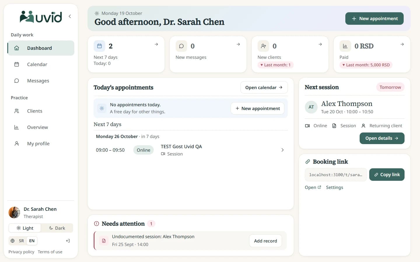 Uvid web app for therapists: dashboard, appointments, and practice organisation.