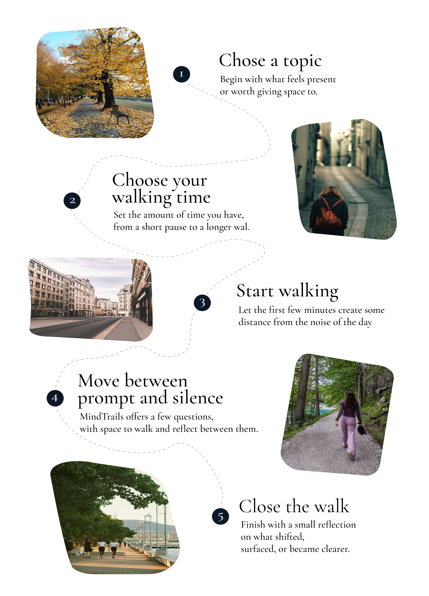 Five stages of a MindTrails walk connected by a winding route through natural and urban environments